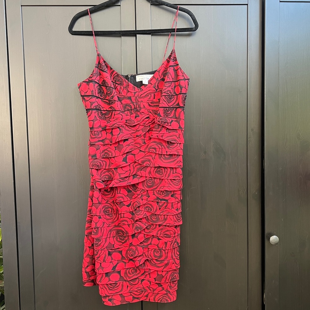 Vintage Sherrie Bloom Chetta B Red Roses 100% Silk Dress with Beading Size 12